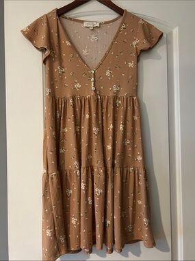 Jessica Simpson Brown Floral Tiered V-Neck Dress